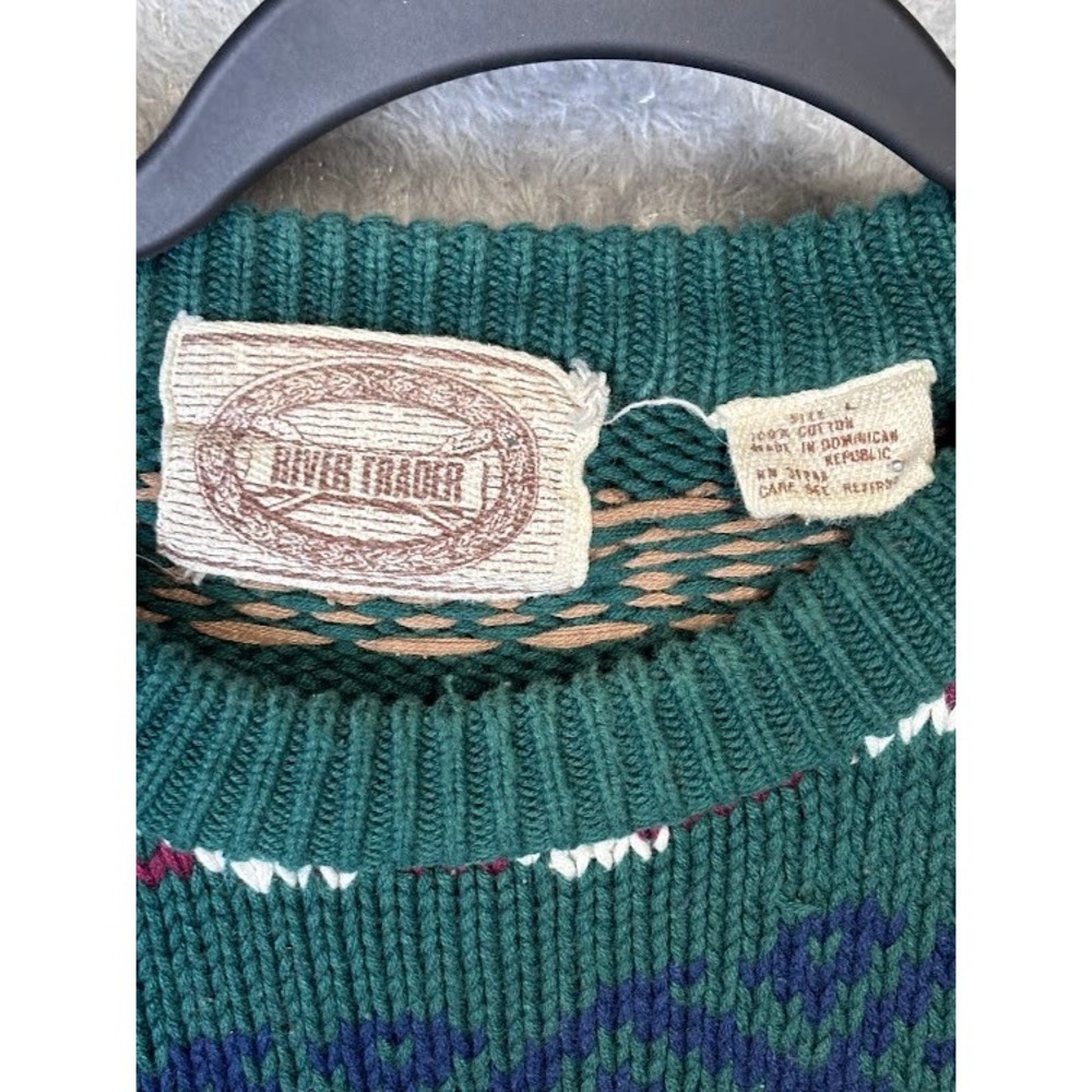 River Trader Green Geometric Pattern Cotton Sweater Mens Size L Vintage Retro - Picture 3 of 9